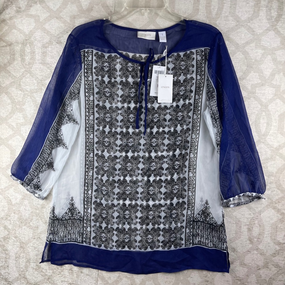 Chico's Carbon Blue Printed Chiffon Top Womens 1 M NWT Geometric Sheer Blouse